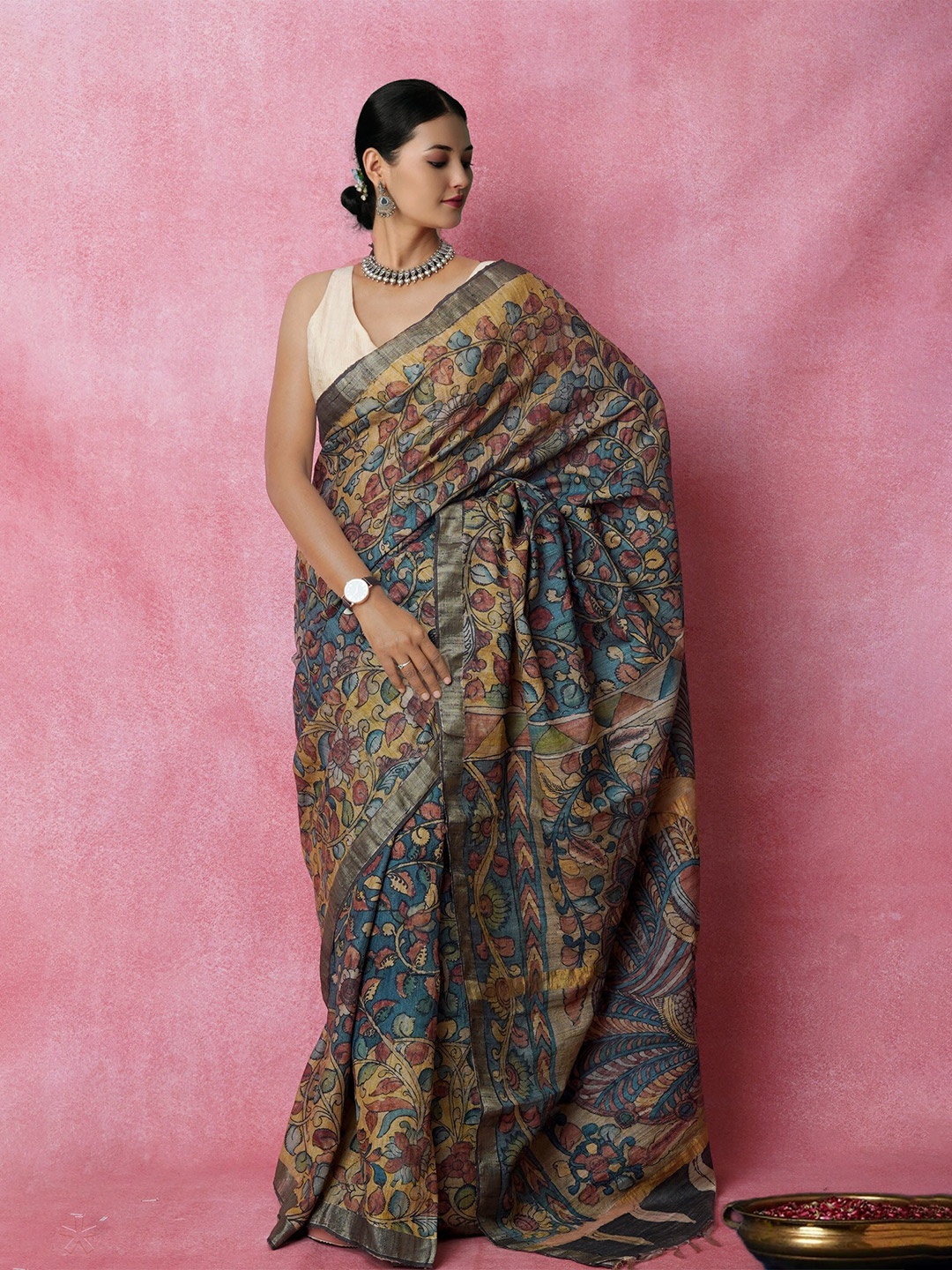 

Unnati Silks Floral Printed Pure Silk Tussar Saree, Blue