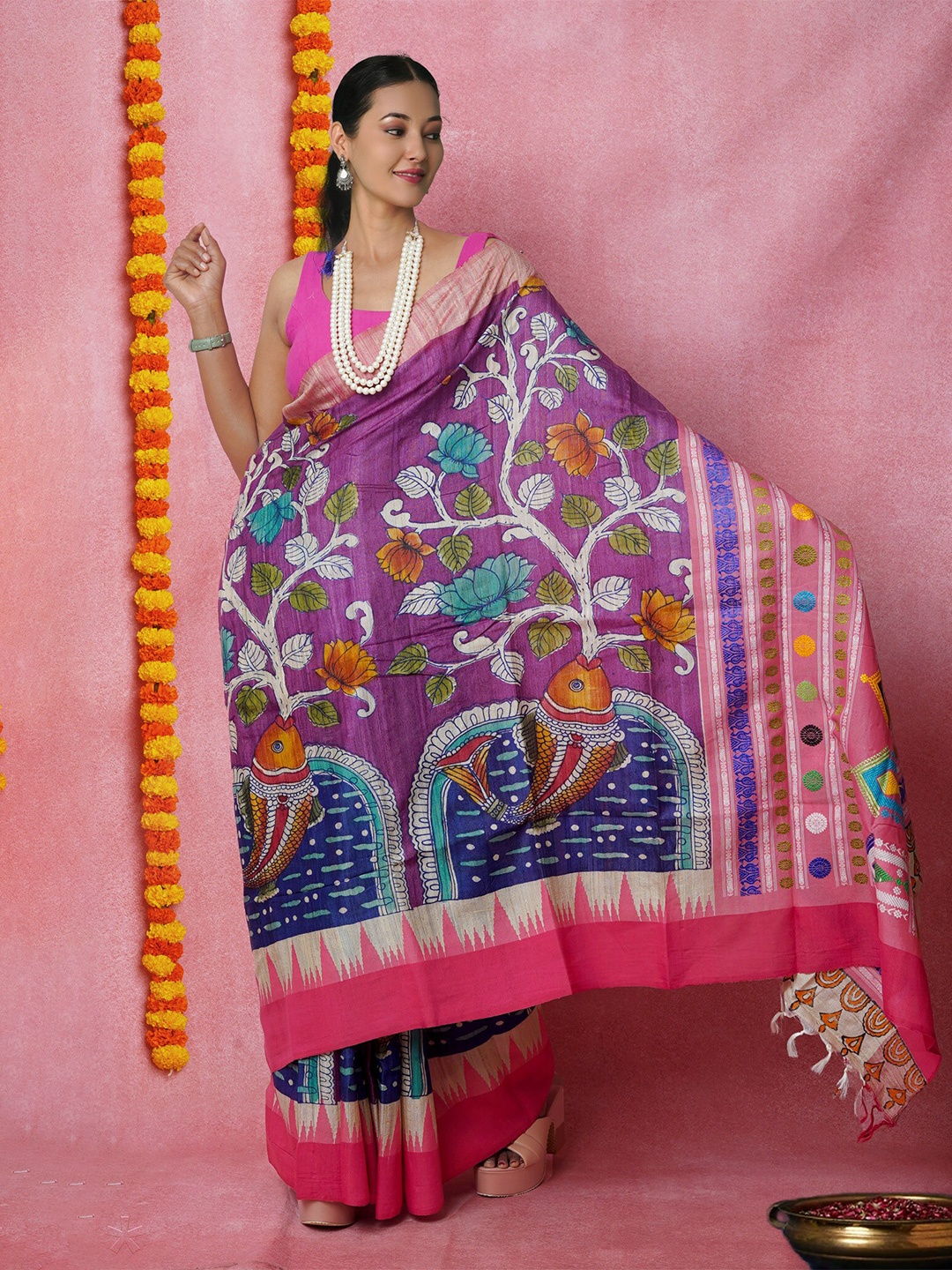 

Unnati Silks Kalamkari Printed Zari Pure Silk Tussar Saree, Purple
