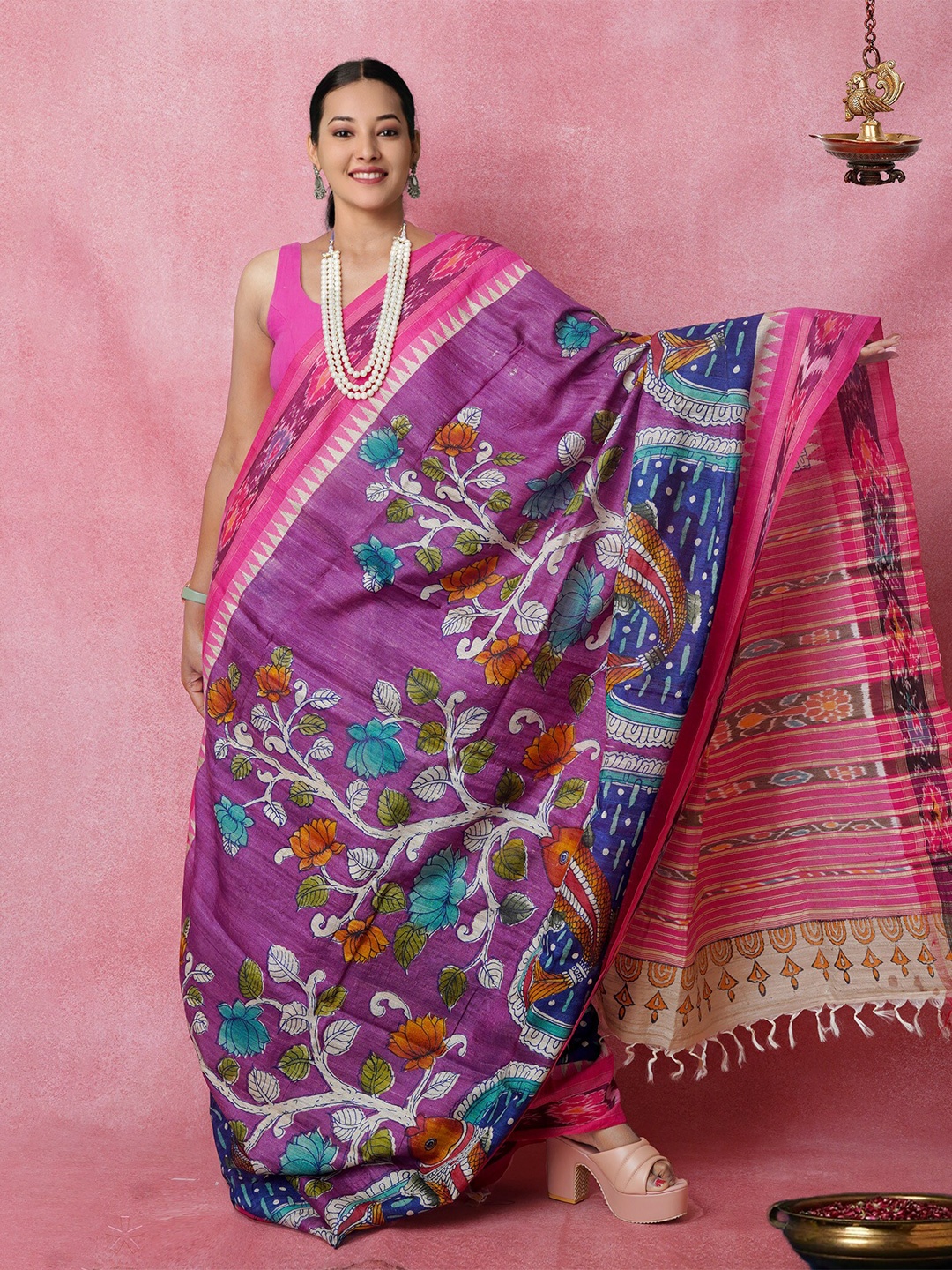 

Unnati Silks Kalamkari Printed Pure Silk Handloom Tussar Saree, Purple