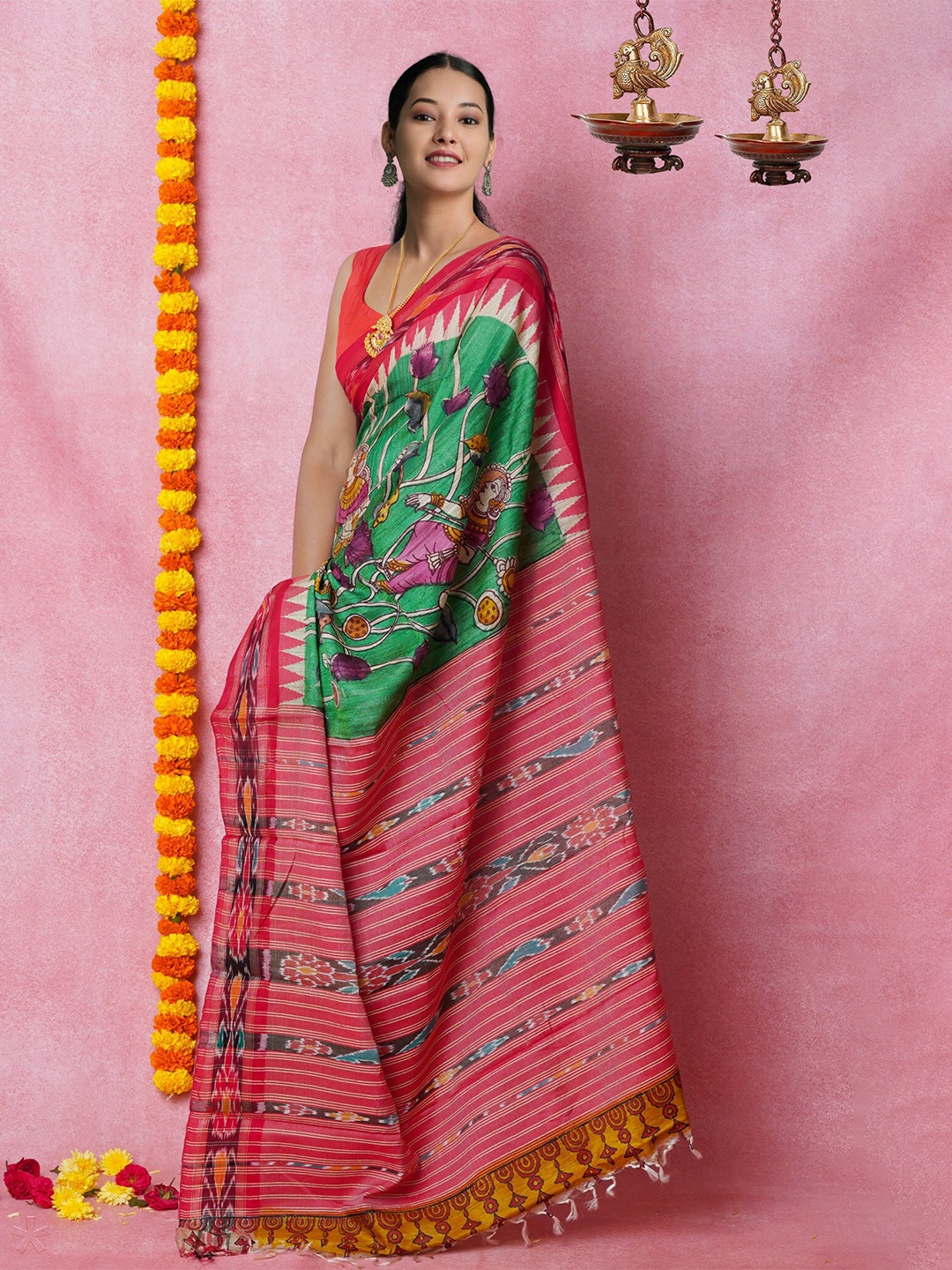 

Unnati Silks Kalamkari Printed Zari Pure Silk Tussar Saree, Green