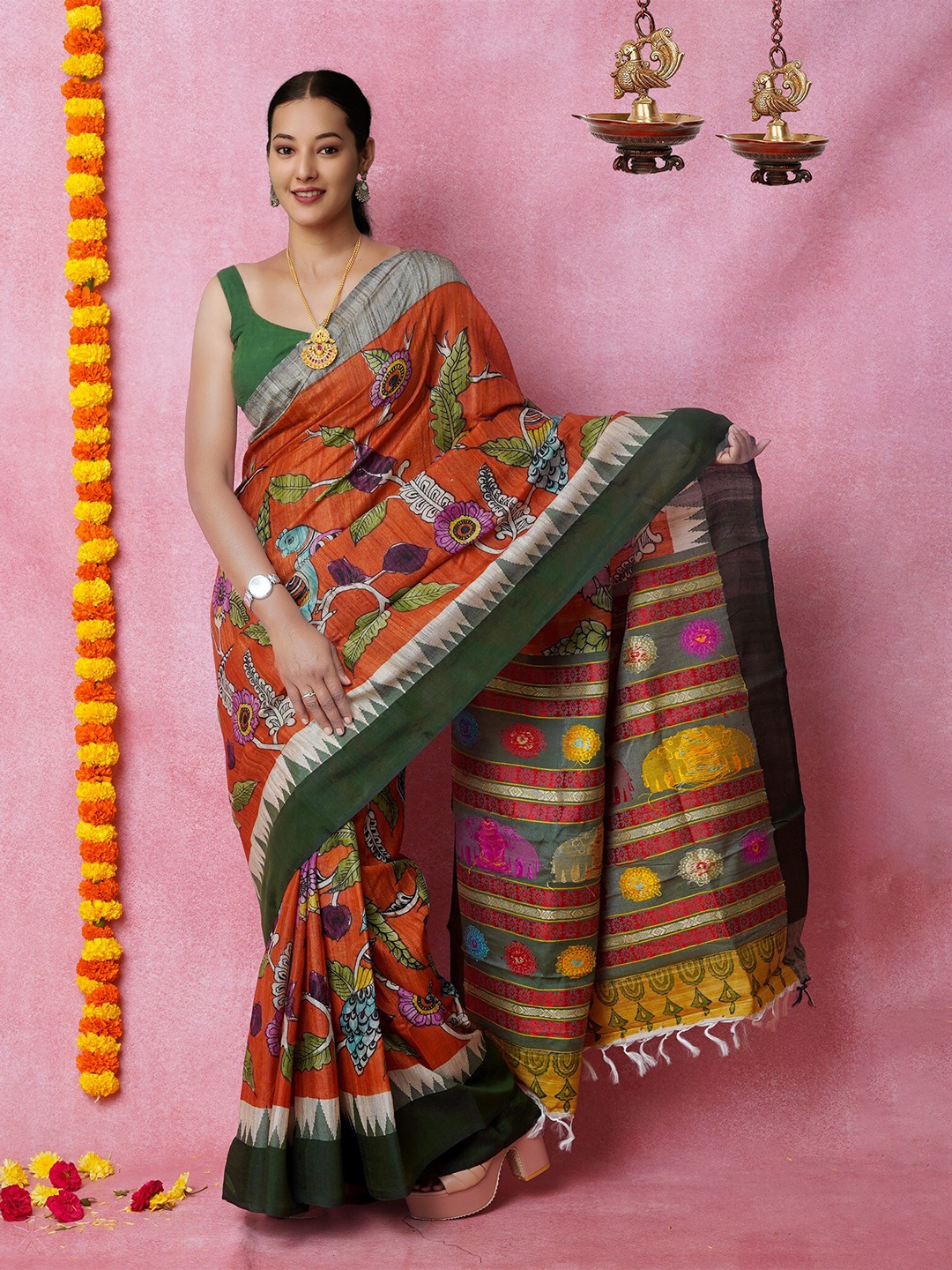 

Unnati Silks Kalamkari Printed Pure Silk Handloom Tussar Saree, Orange