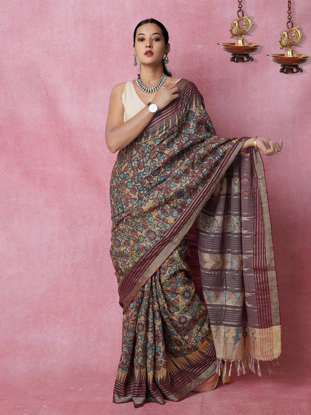 

Unnati Silks Kalamkari Printed Pure Silk Handloom Tussar Saree, Maroon