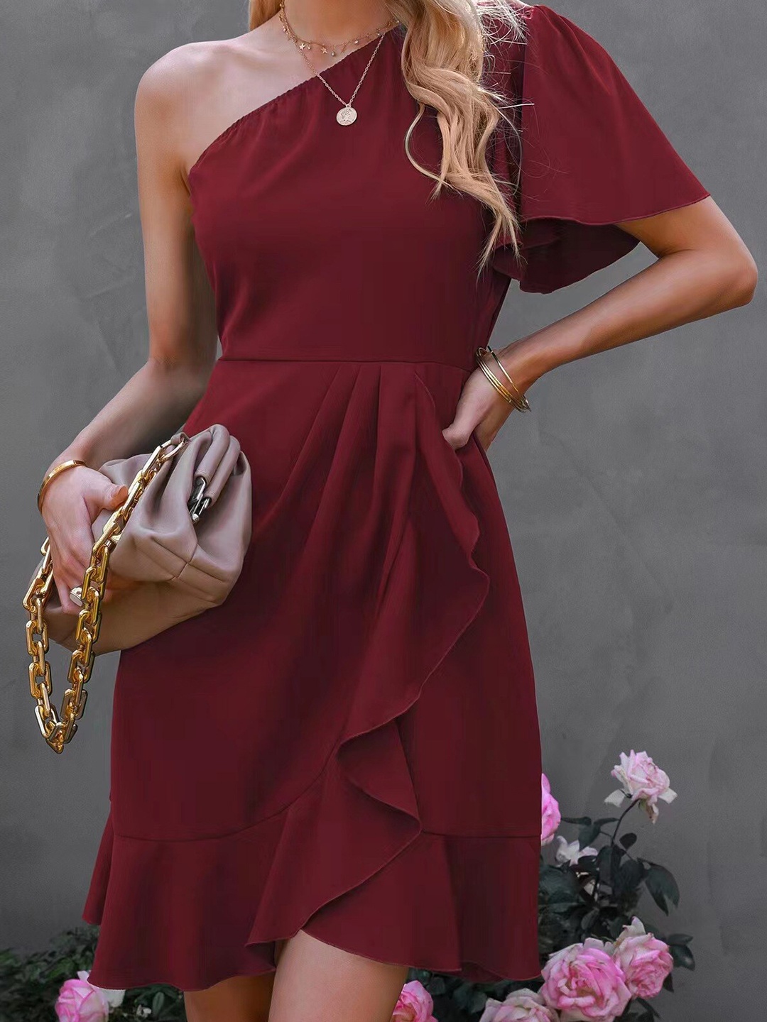 

StyleCast Maroon One Shoulder Wrap Mini Dress