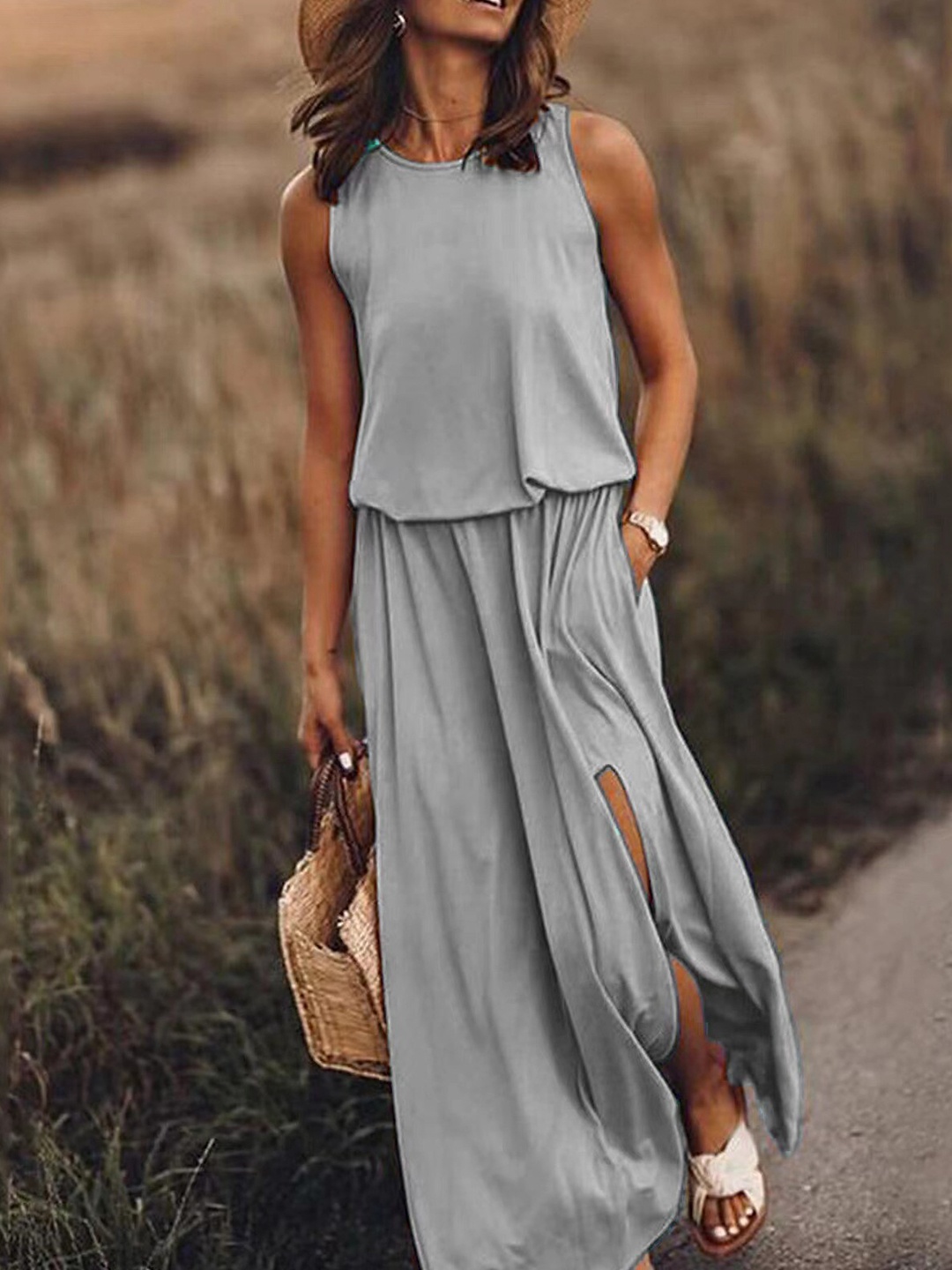 

StyleCast Grey Round Neck Sleeveless Maxi Dress