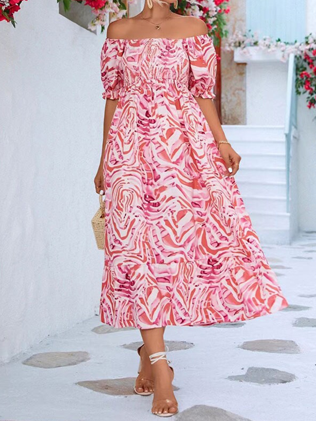 

StyleCast Abstract Print Print Off-Shoulder Flutter Sleeve Maxi Dress, Pink
