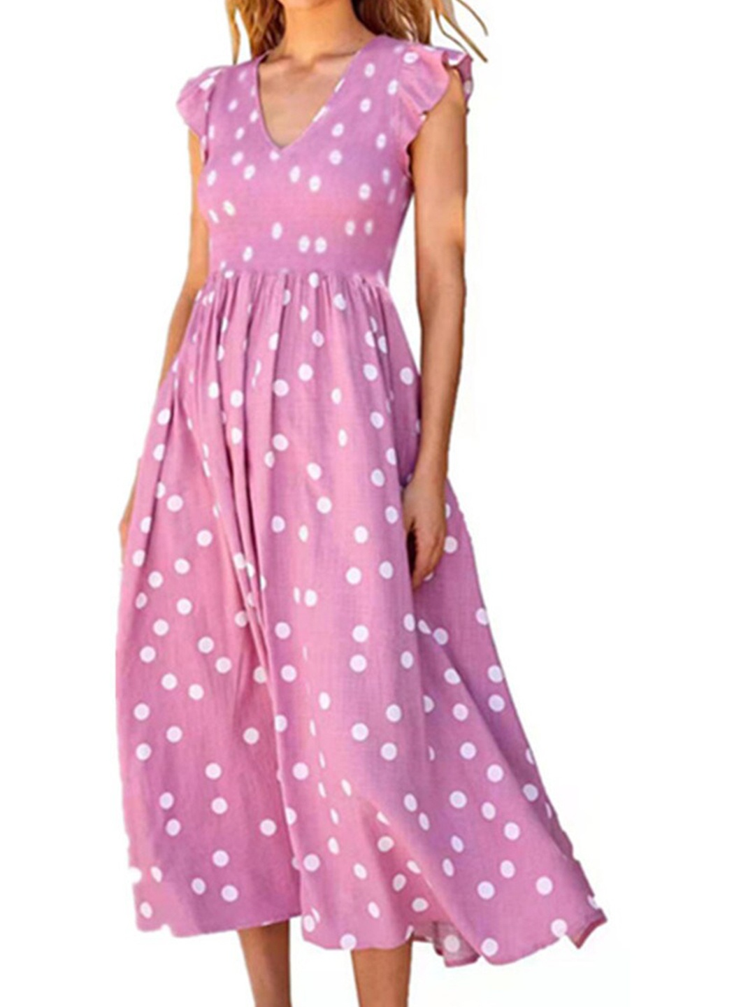 

StyleCast Purple Polka Dot Printed V-Neck Cotton Casual Fit & Flare Midi Dress, Pink