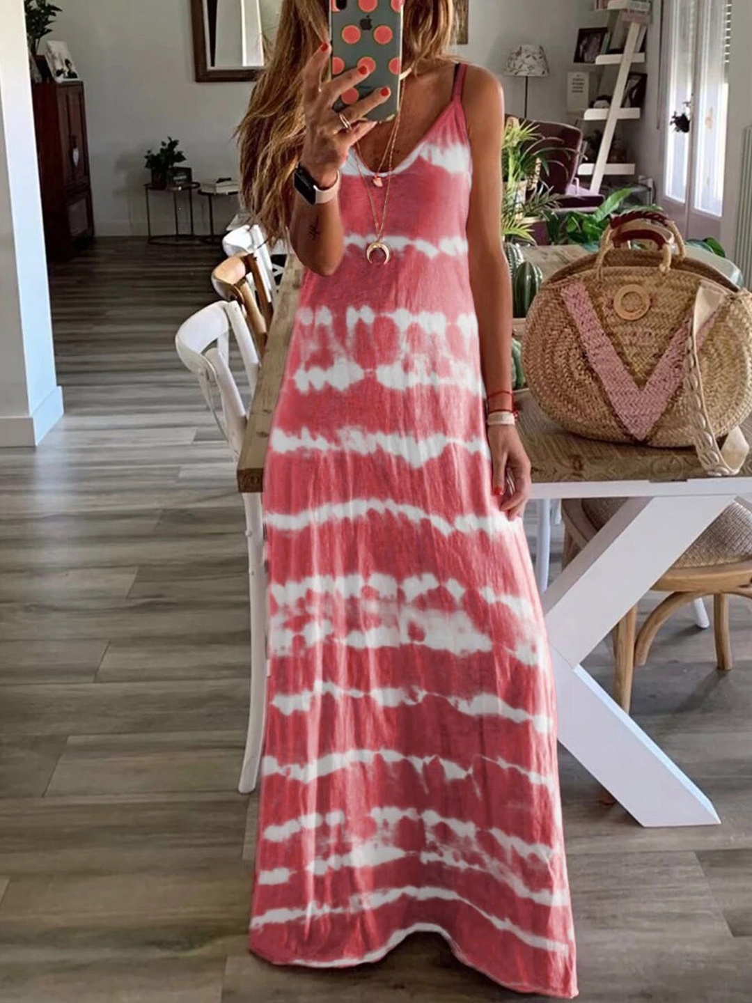 

StyleCast V Neck Sleeveless Tie and Dye Print Flared Maxi Dress, Pink