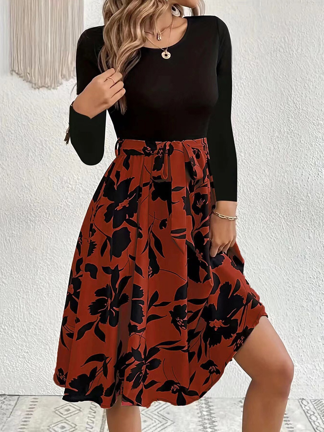 

StyleCast Maroon & Black Floral Printed Fit & Flare Midi Dress