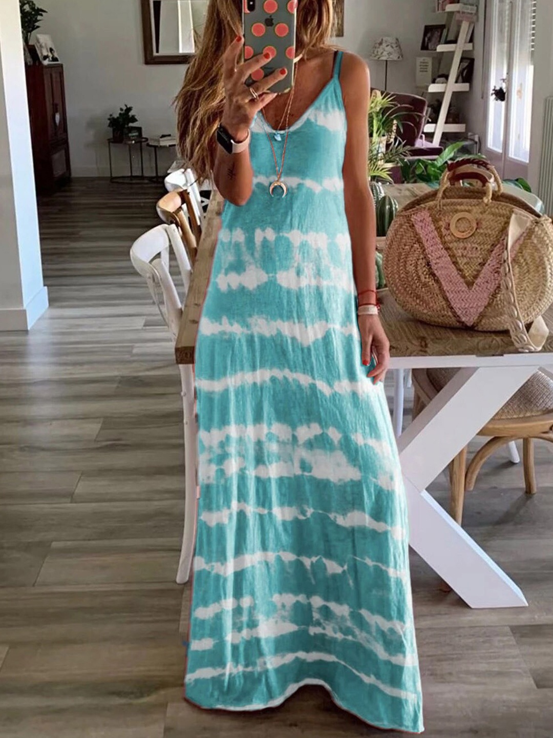 

StyleCast Green Tie & Dye Printed V-Neck Sleeveless Cotton Casual Maxi Dress