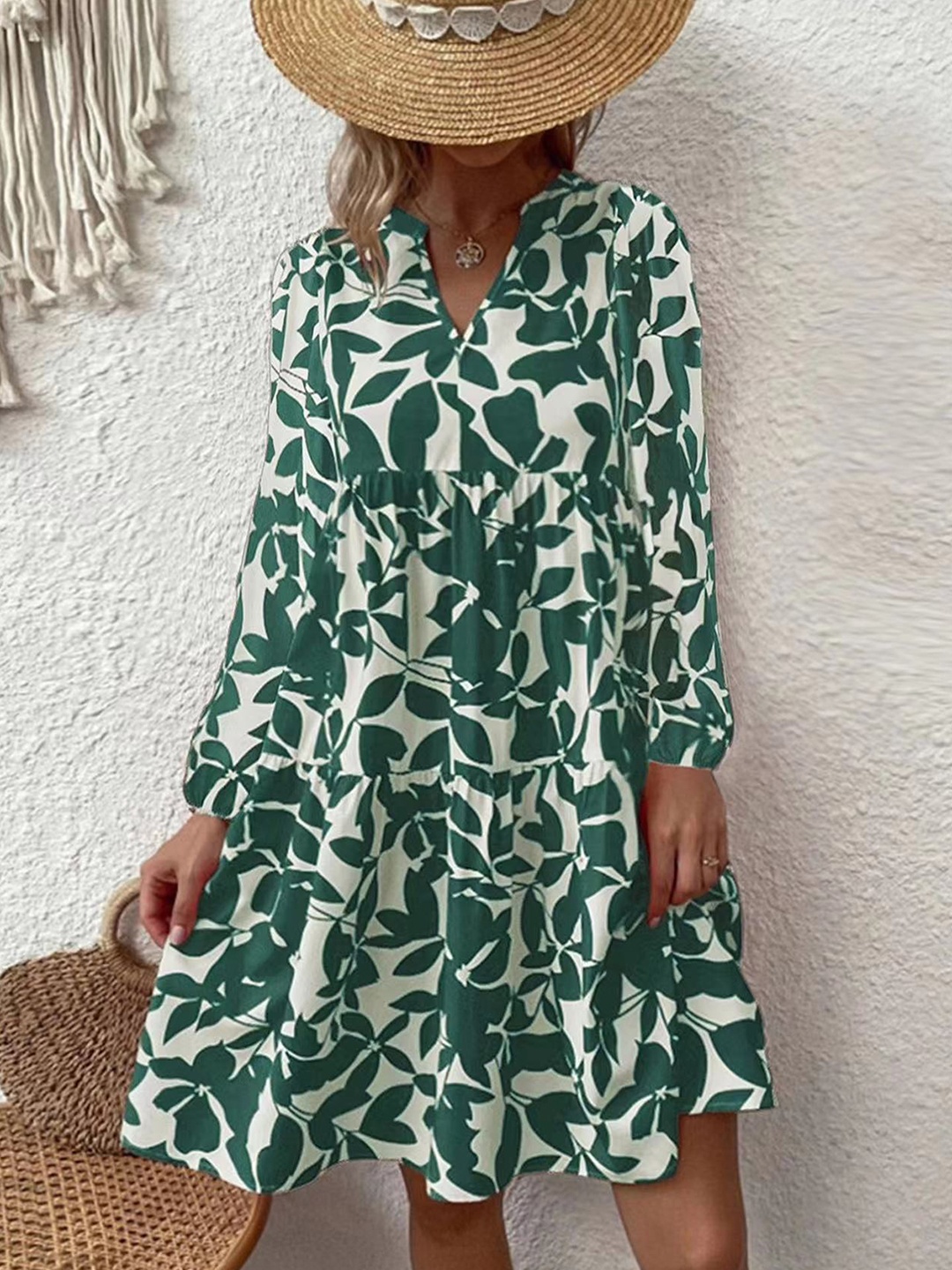 

StyleCast Green & White Mandarin Collar Tropical Print A-Line Dress