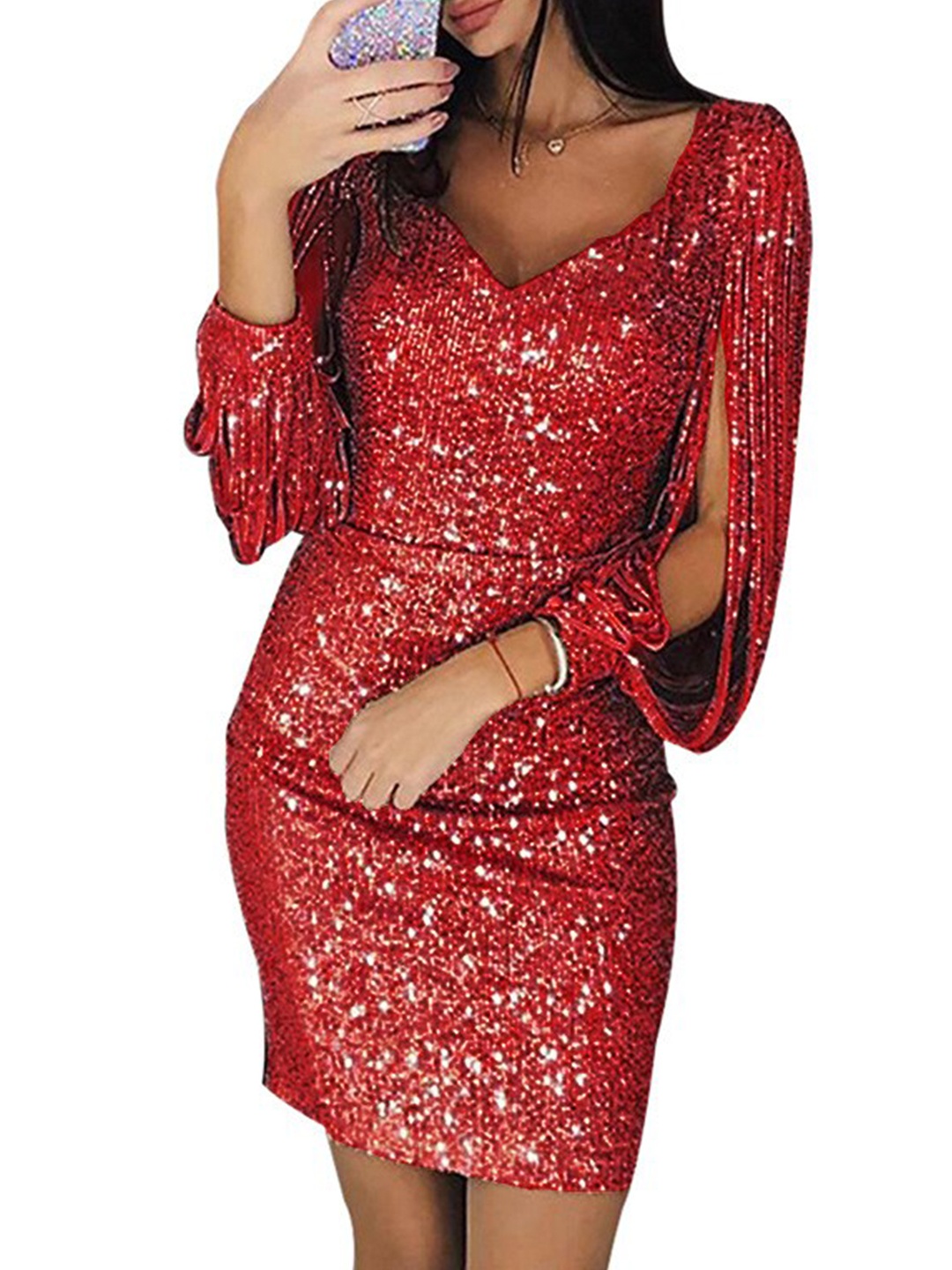 

StyleCast V Neck Long Sleeves Embellished Bodycon Mini Dress, Red