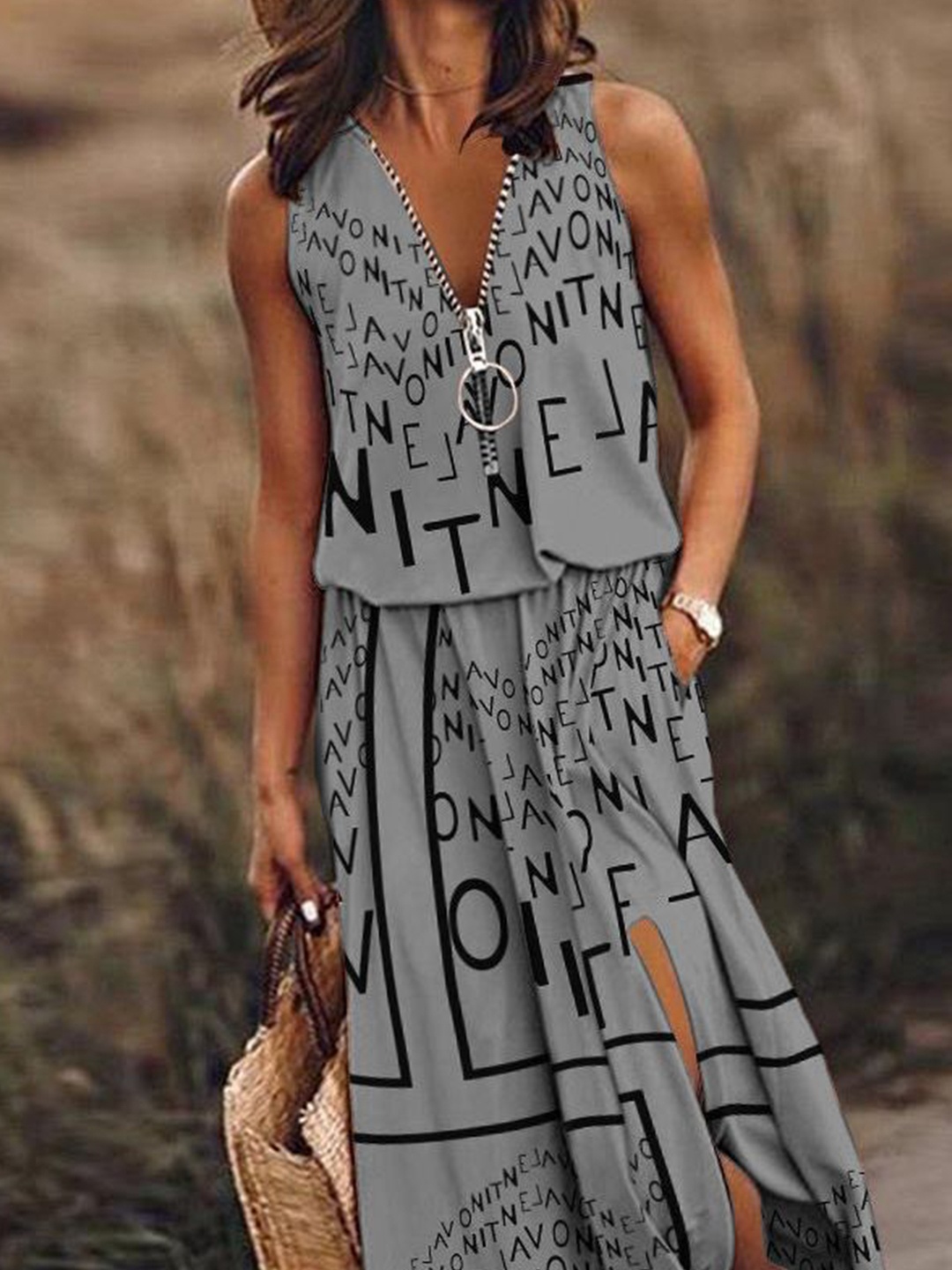 

StyleCast Grey & Black Alphanumeric Printed Maxi Dress