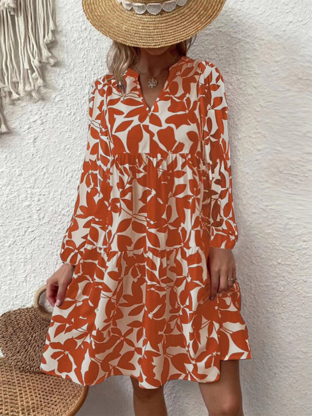 

StyleCast Rust Round neck Long Sleeves Floral Printed A-Line Dress