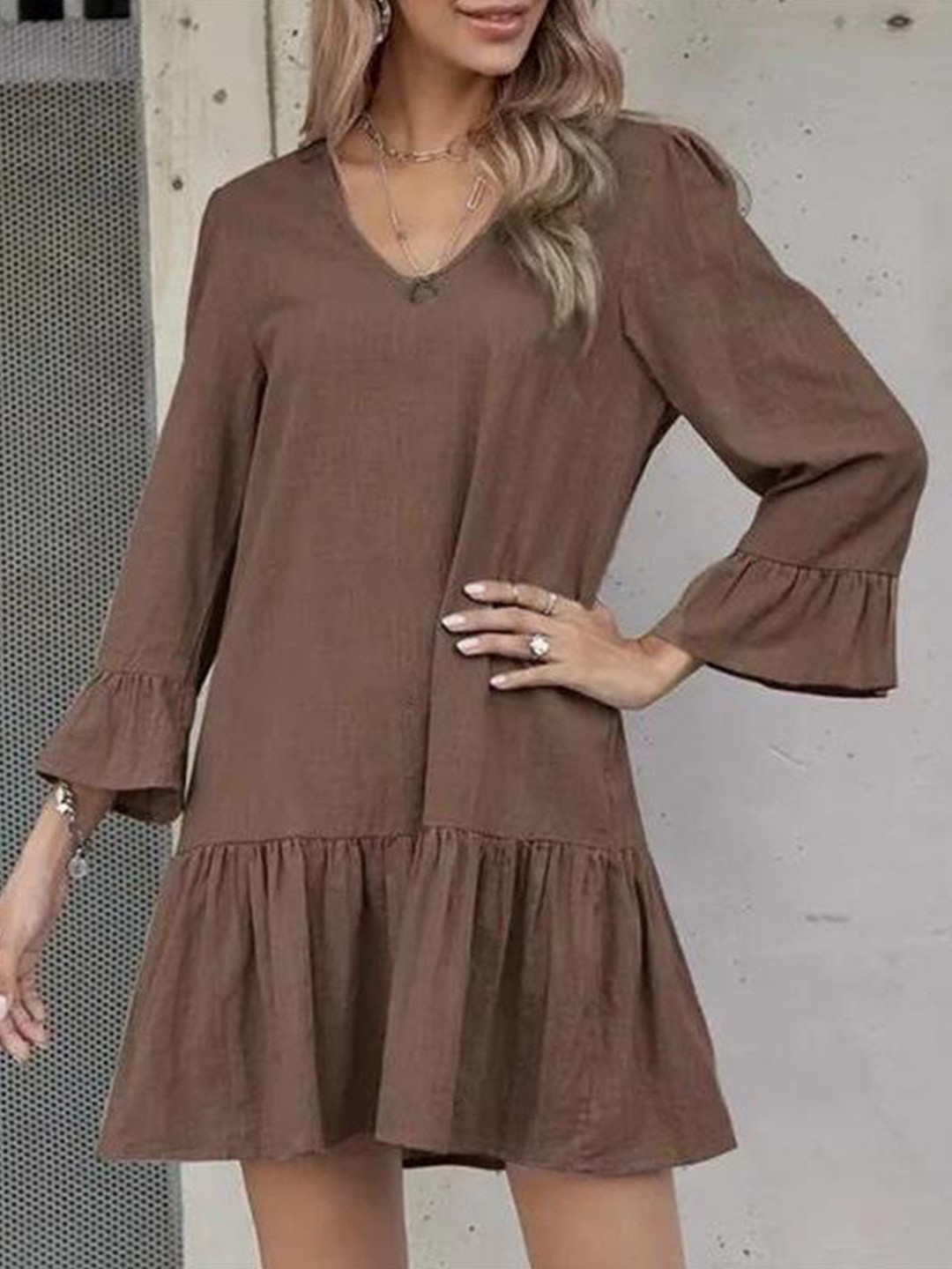 

StyleCast Brown Bell Sleeve Drop-Waist Mini Dress