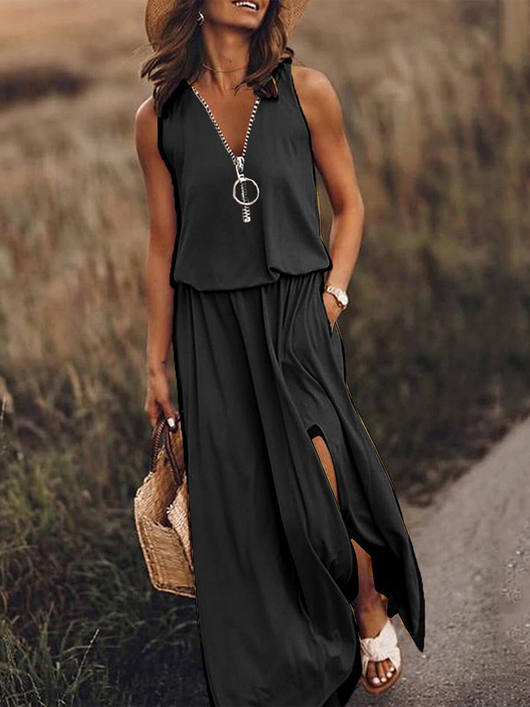 

StyleCast V Neck Sleeveless Blouson Maxi Dress, Black