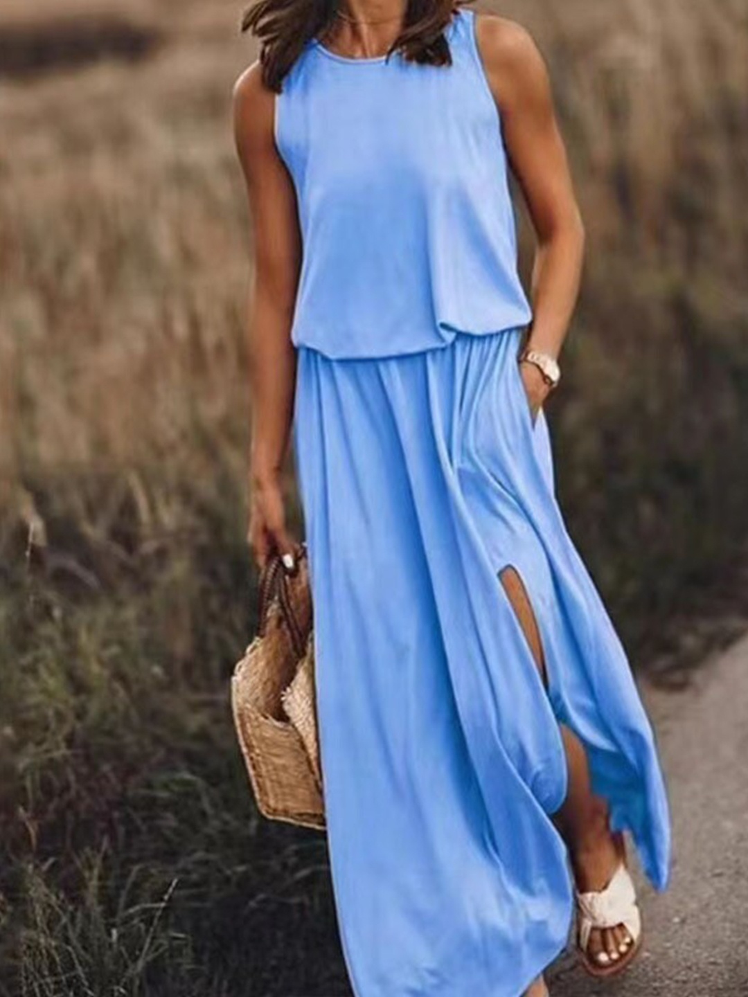 

StyleCast Blue Round Neck Sleeveless Casual Drop-Waist Maxi Dress