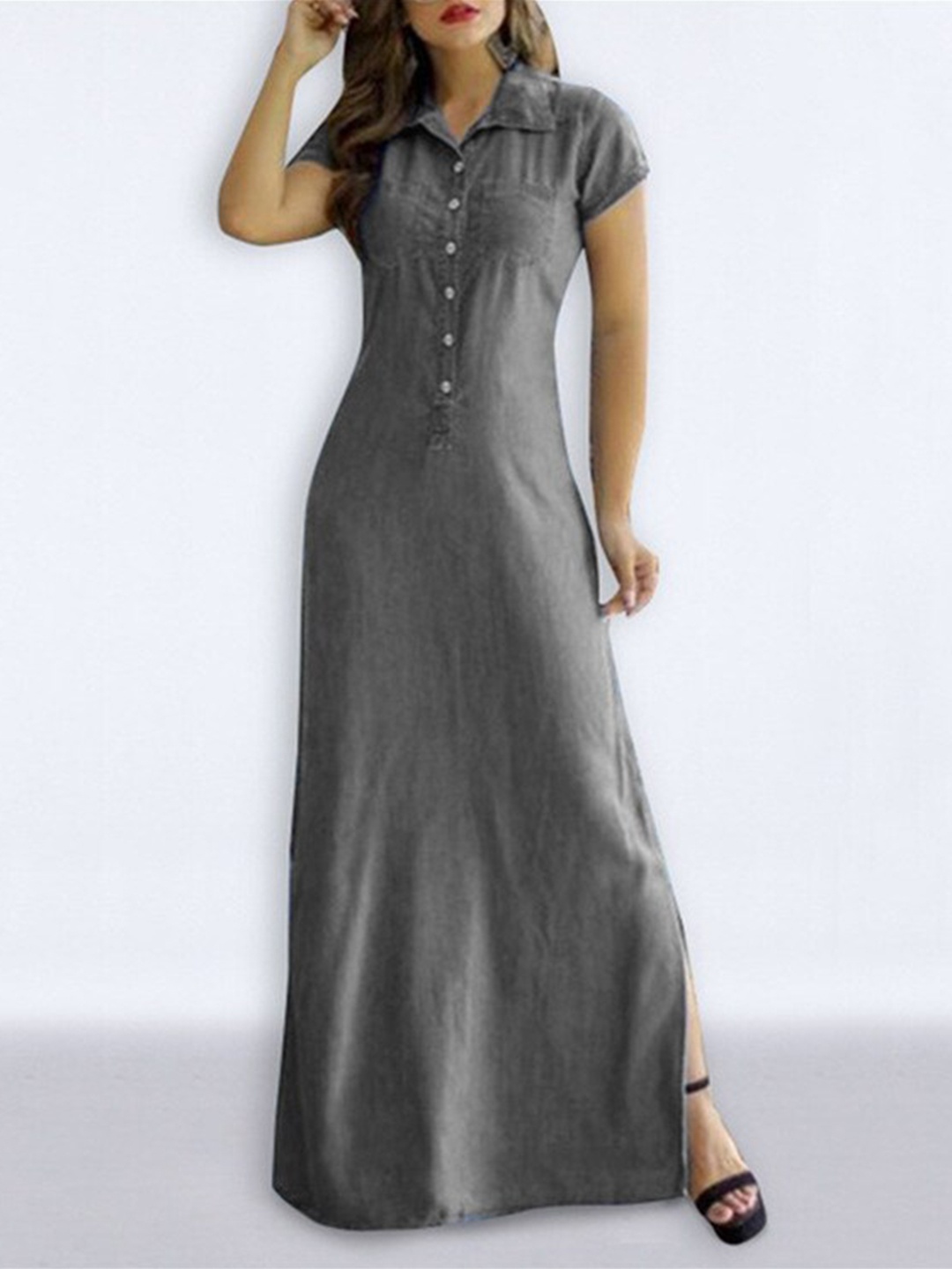 

StyleCast Grey Shirt collar Short Sleeves Maxi Dress