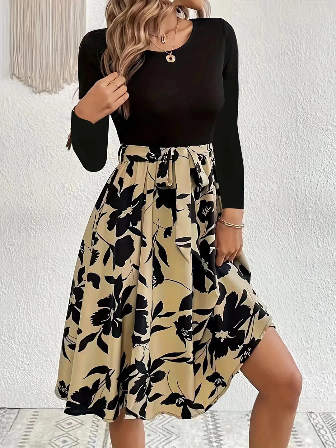 

StyleCast Beige Round neck Long Sleeves Floral Print Fit & Flare Dress