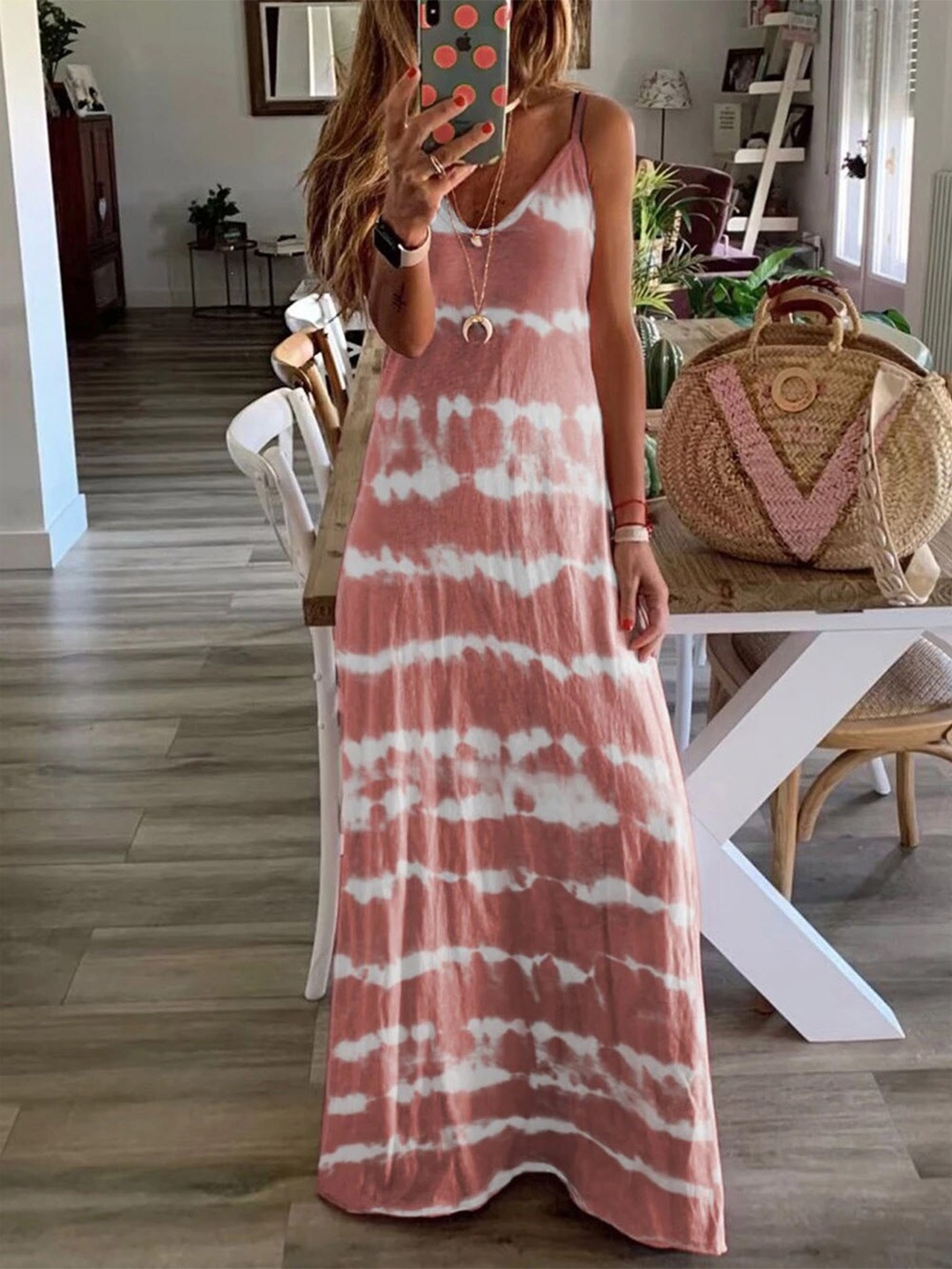 

StyleCast Peach & White Tie and Dye Maxi Dress