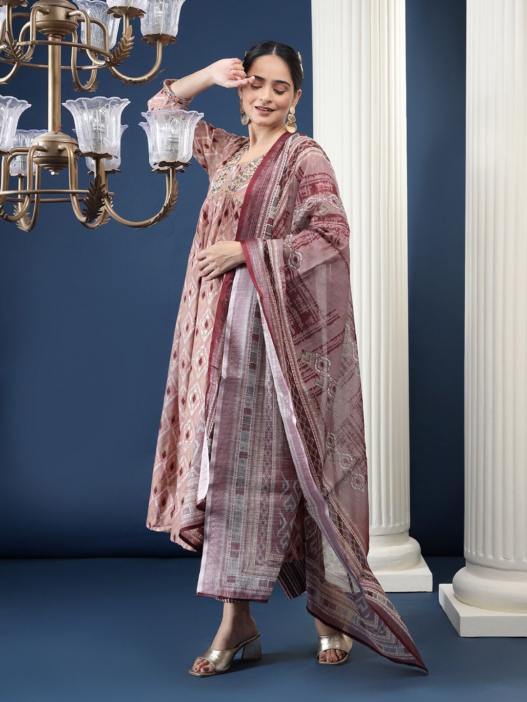 

BAESD Geometric Printed Pure Cotton Layered Kurta With Trousers & Dupatta, Pink