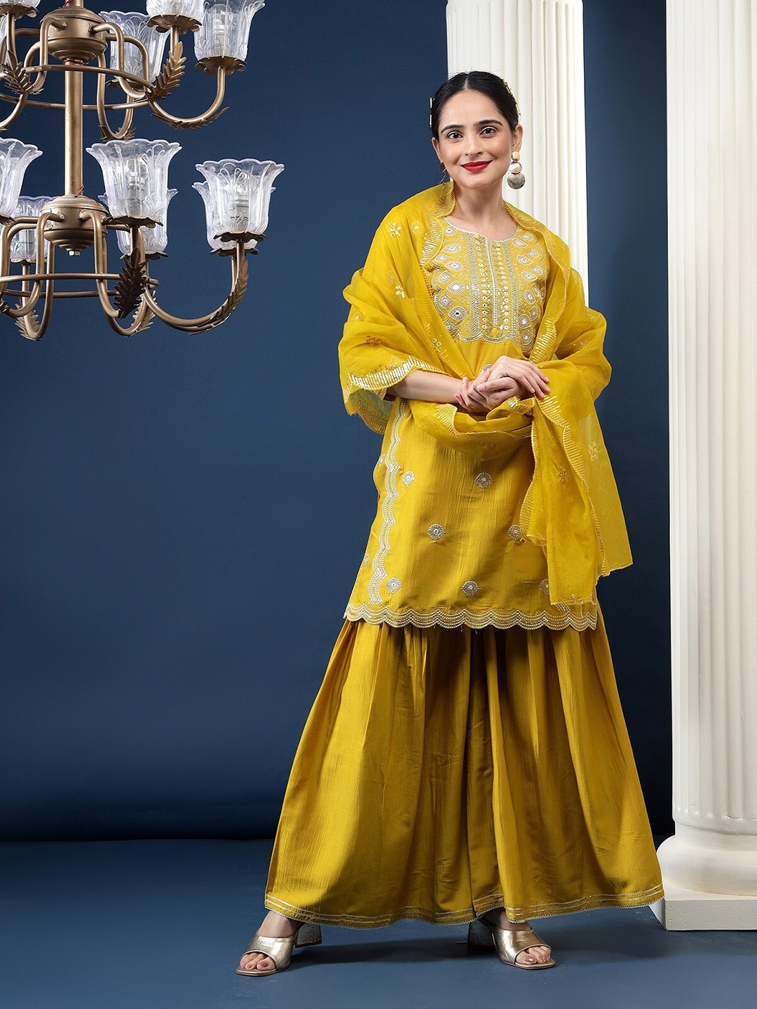 

BAESD Ethnic Motifs Embroidered Regular Thread Work Straight Kurta With Palazzos & Dupatta, Mustard