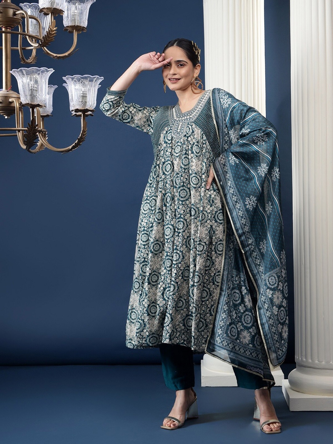 

BAESD Plus Size Geometric Printed Thread Work Kurta With Trouser & Dupatta, Teal