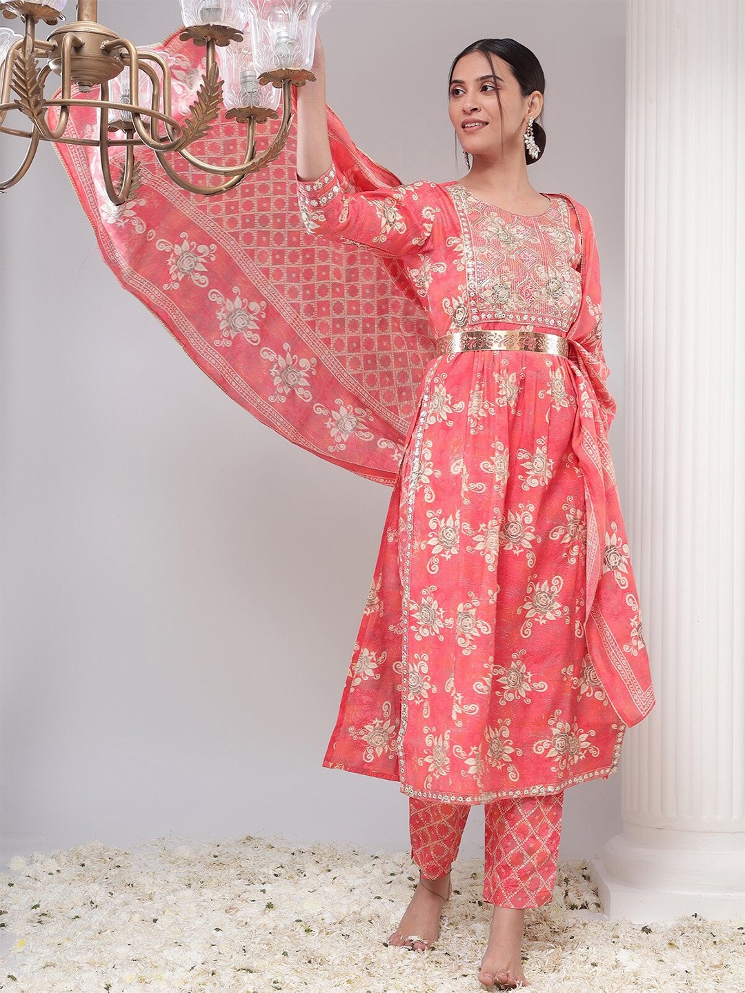 

BAESD Plus Size Floral Embroidered Thread Work Chanderi Silk Kurta With Trouser & Dupatta, Pink