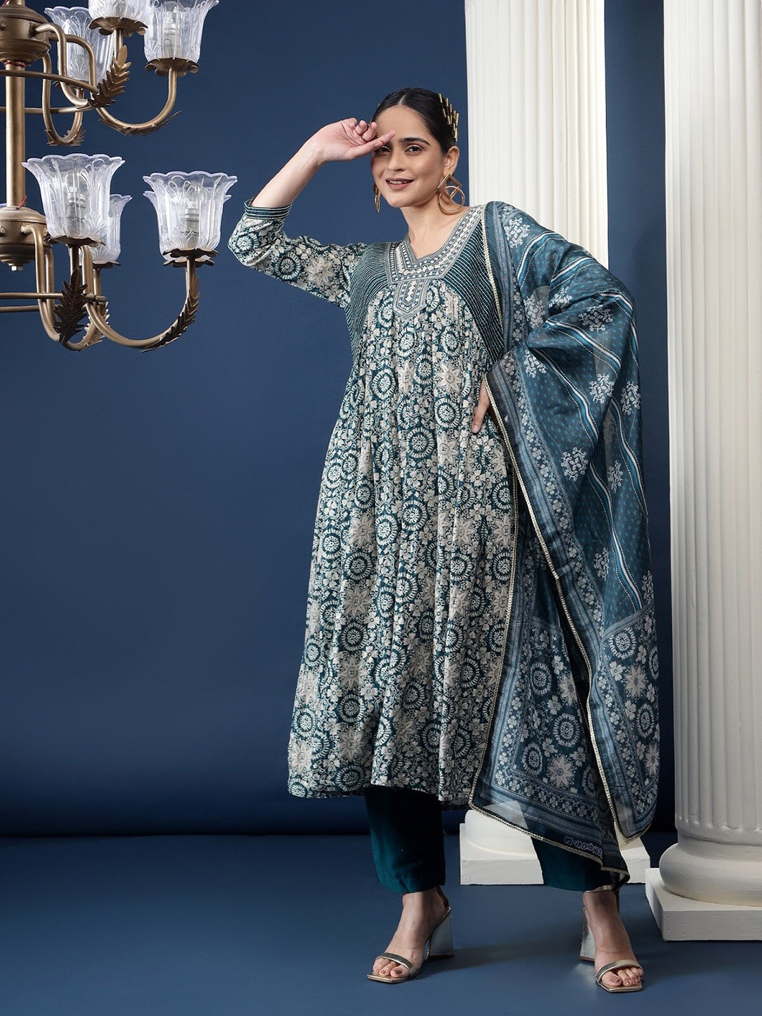 

BAESD Ethnic Motifs Printed Empire Thread Work Kurta With Trouser & Dupatta, Teal