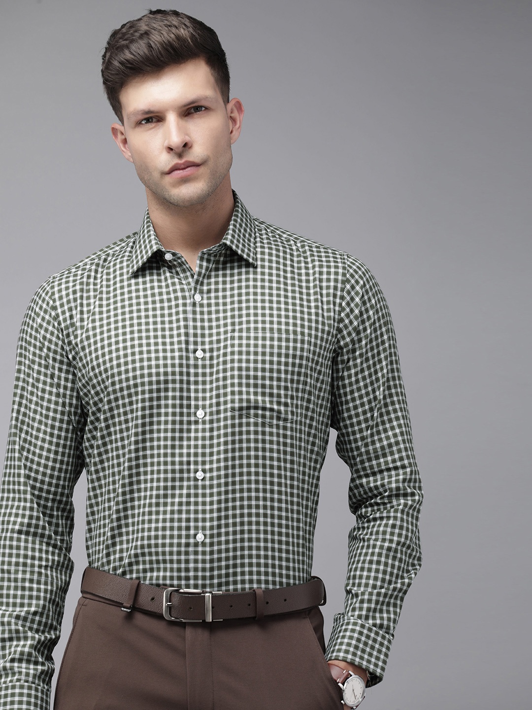 

Van Heusen Slim Fit Checked Pure Cotton Formal Shirt, Olive