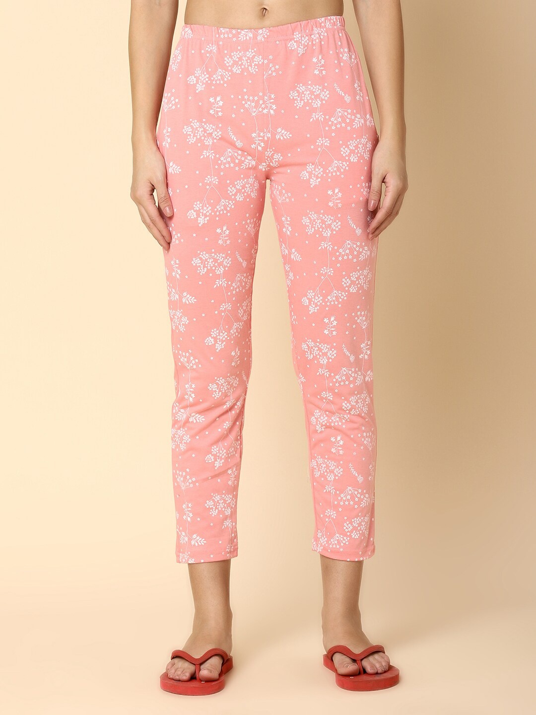 

V-Mart Women Floral Printed Mid-Rise Cotton Lounge Pants, Peach