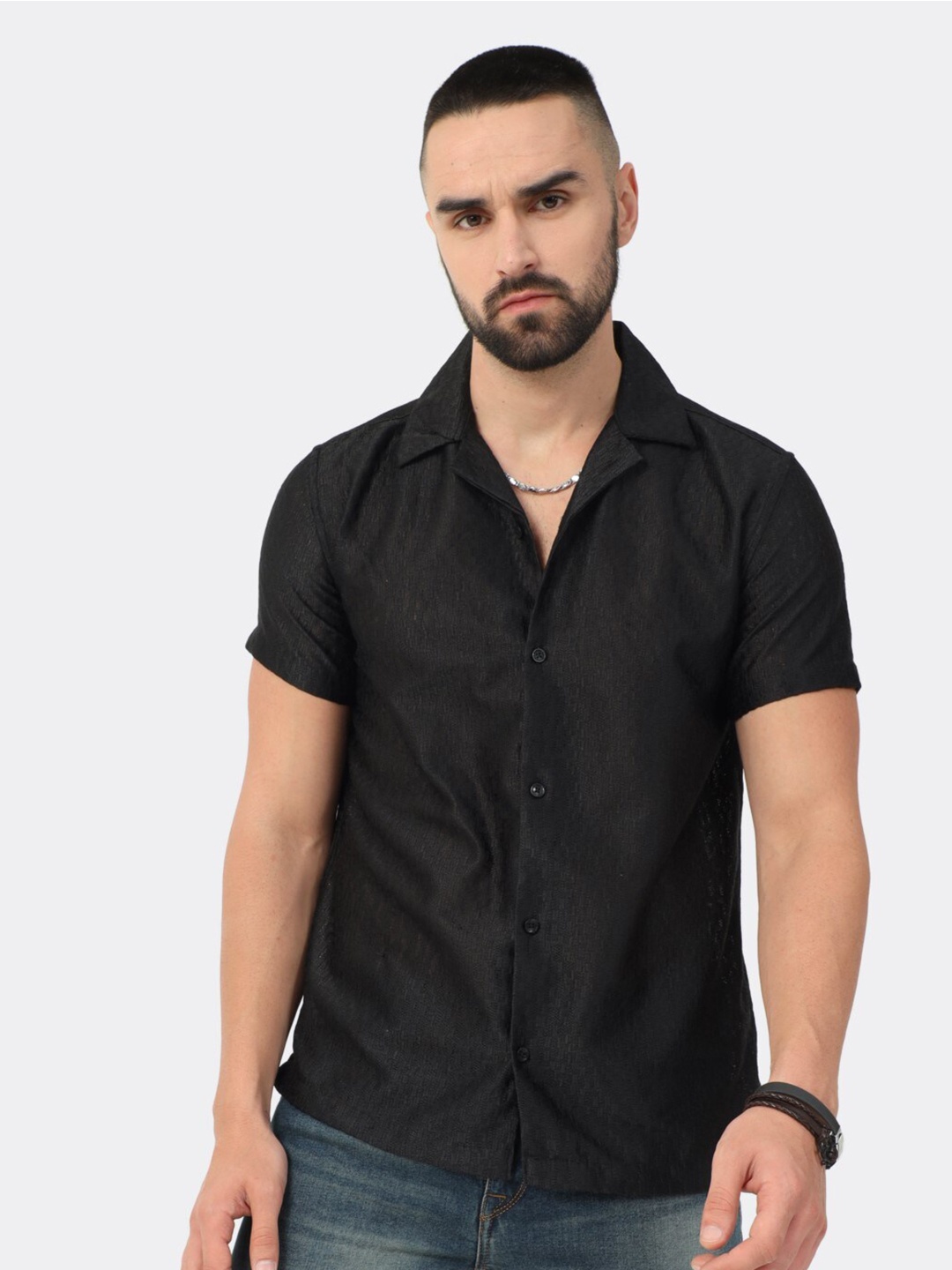 

BADMAASH Slim Fit Short Sleeve Casual Shirt, Black