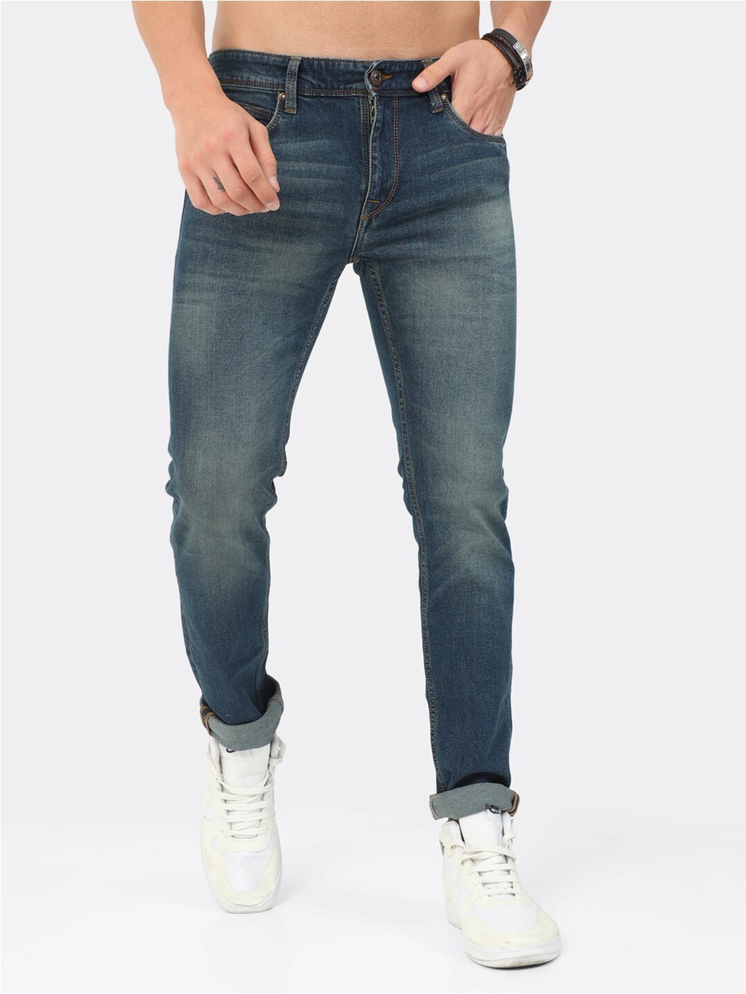 

BADMAASH Men Slim Fit Mid-Rise Heavy Fade Clean Look Stretchable Jeans, Blue