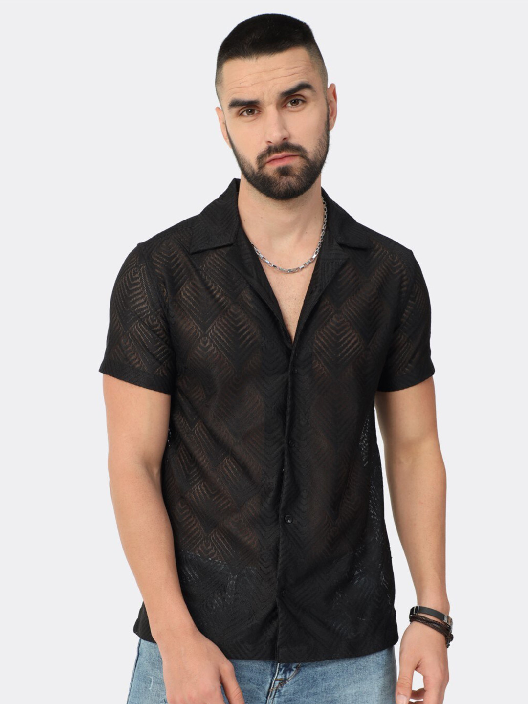 

BADMAASH Slim Fit Self Design Casual Shirt, Black