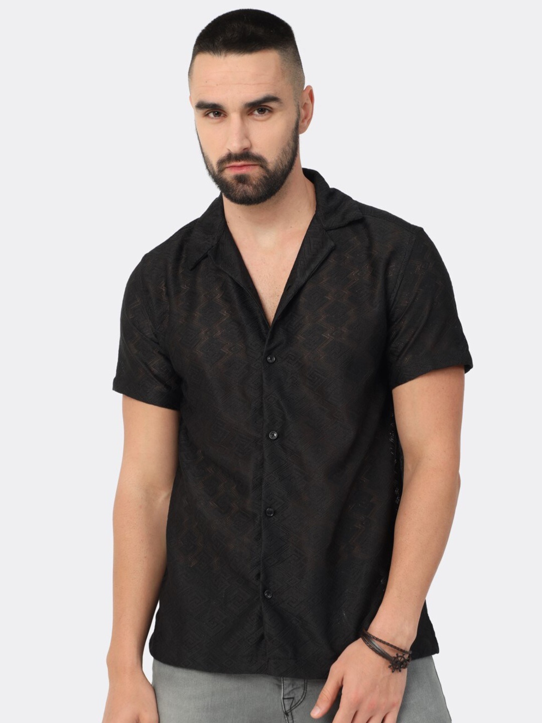 

BADMAASH Self Design Slim Fit Stretchable Cotton Casual Shirt, Black