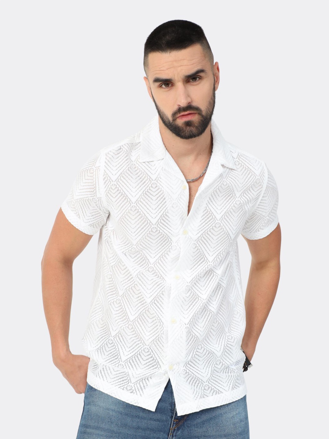 

BADMAASH Self Design Slim Fit Stretchable Cotton Casual Shirt, White