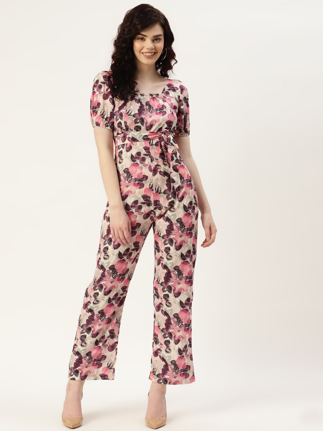 

Sleek Italia Floral Printed Tie Up Basic Jumpsuit, Beige