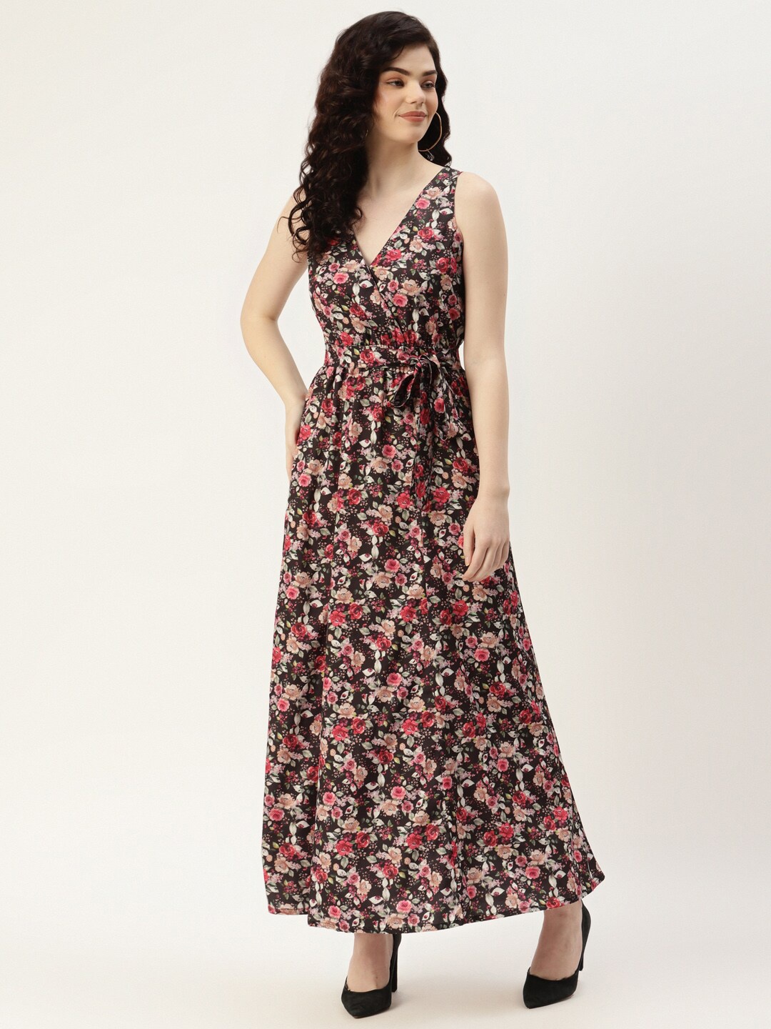 

Sleek Italia Floral Printed V Neck Sleeveless Crepe Maxi Dress, Beige