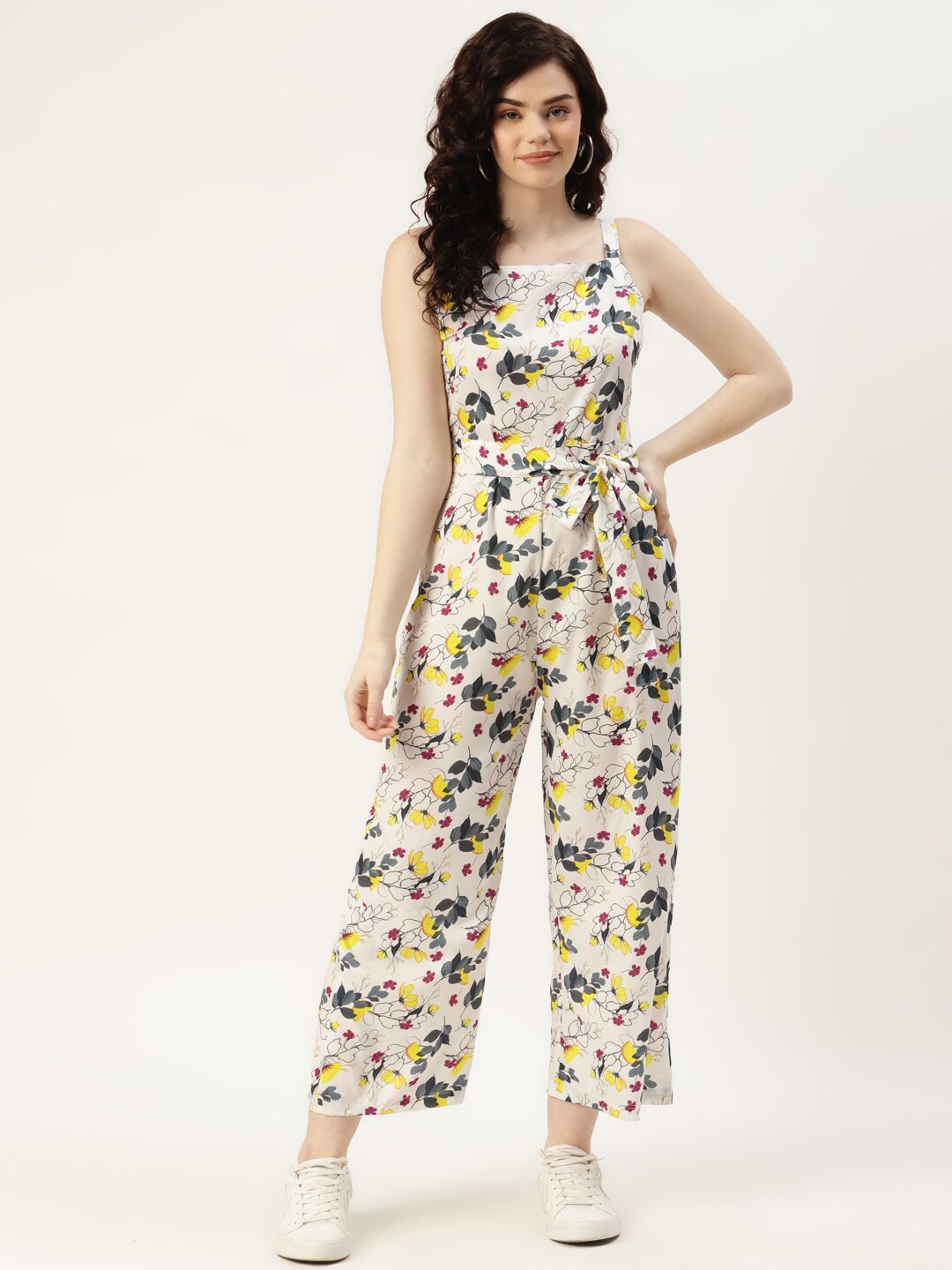 

Sleek Italia Floral Printed Sleeveless Tie Up Basic Jumpsuit, White