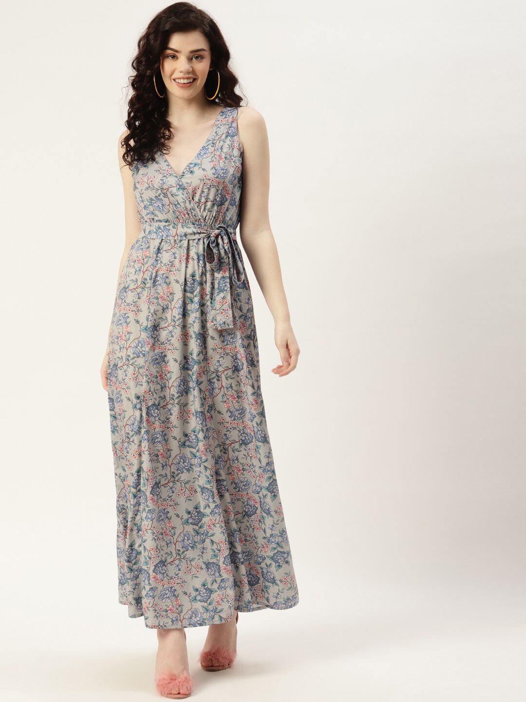 

Sleek Italia Floral Printed V Neck Sleeveless Crepe Maxi Dress, Beige