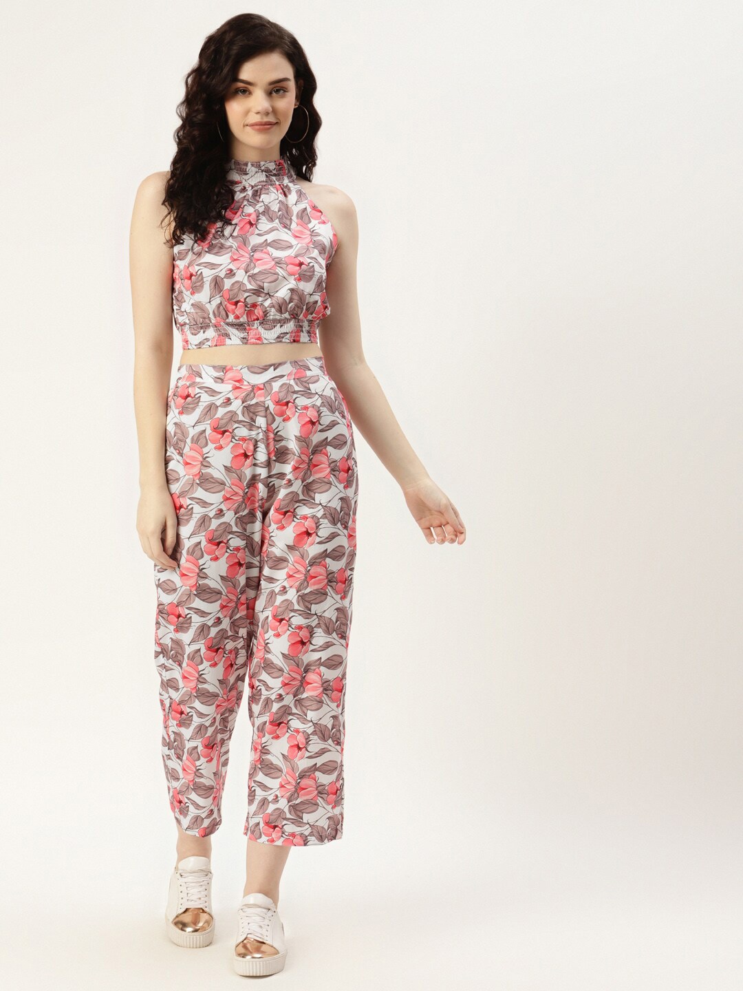 

Sleek Italia Floral Printed Halter-Neck Top With Trouser, White