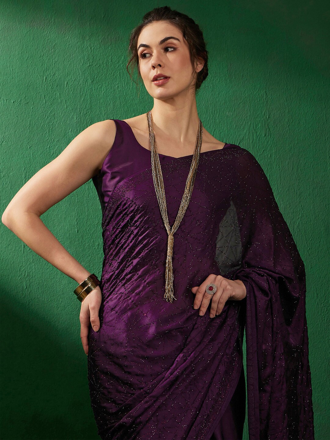 

Sangria Embellished Beads and Stones Sarees, Purple