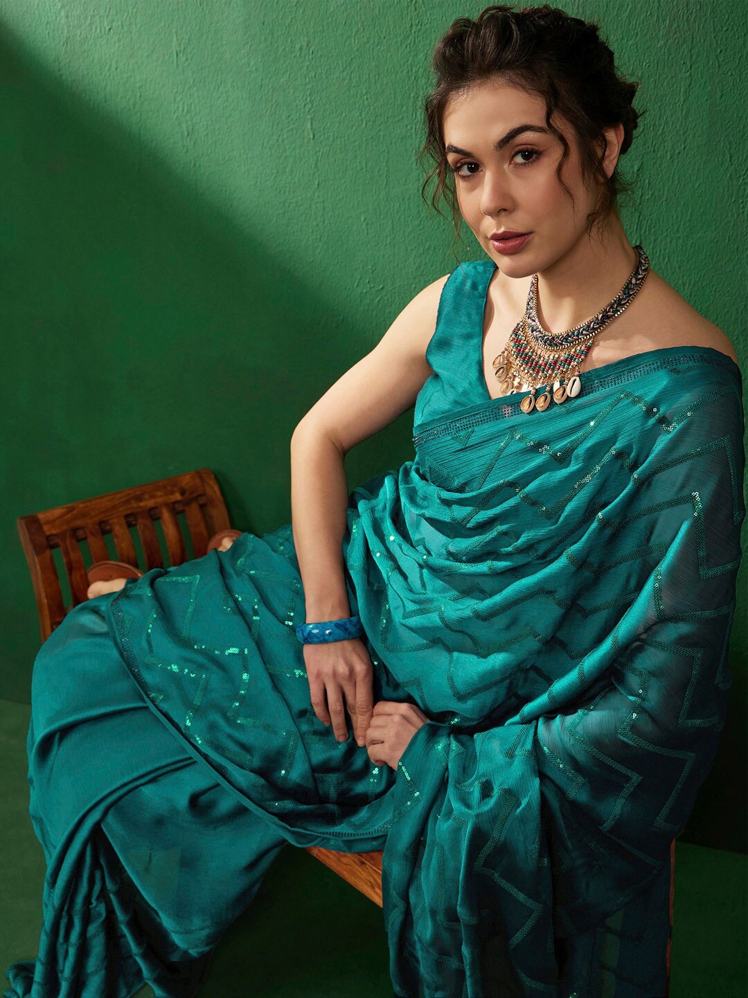 

Sangria Striped Embellished Beads And Stones Pure Chiffon Sarees, Teal