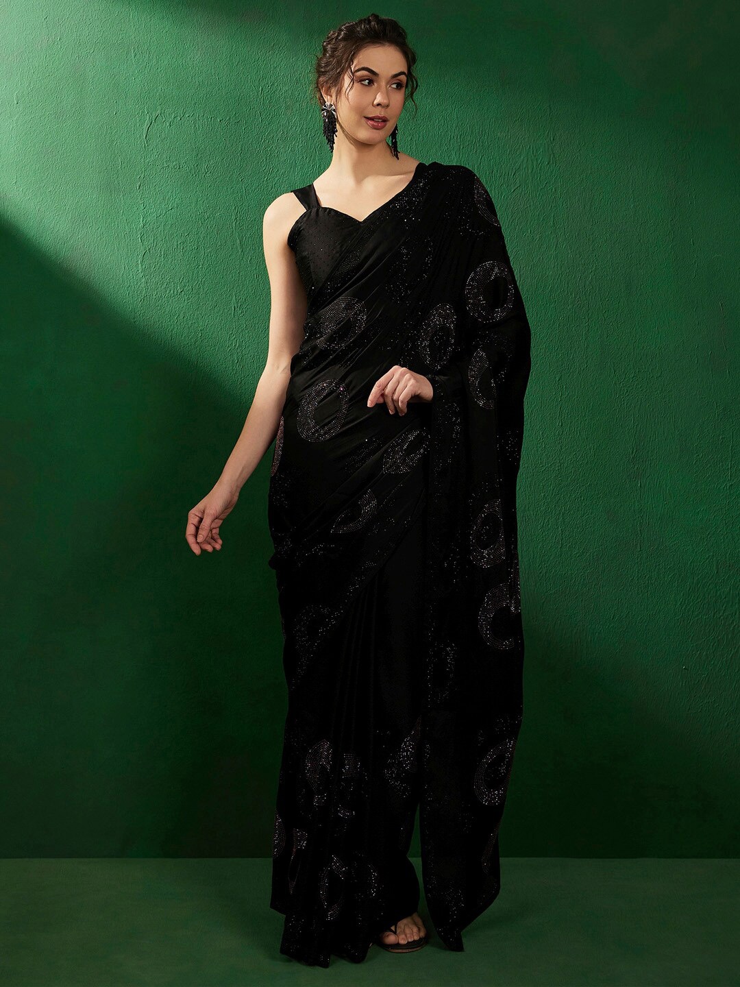 

Sangria Embellished Woven Design Beads and Stones Saree, Black