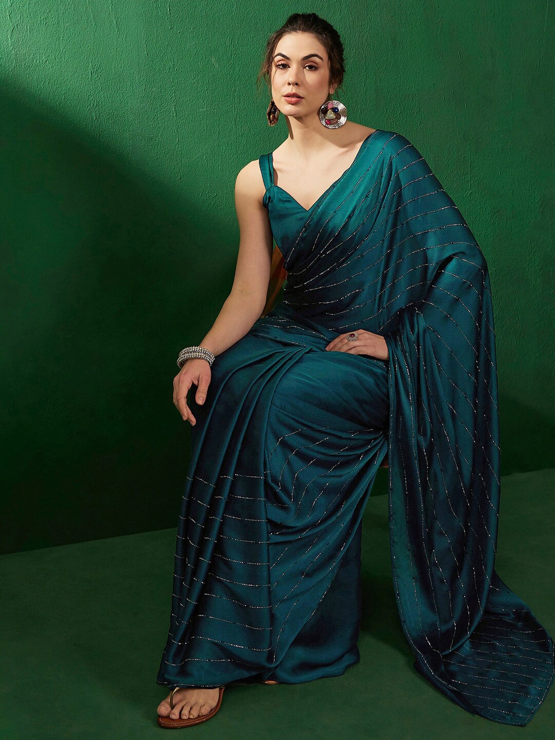 

Sangria Striped Embellished Satin Beads and Stones Saree, Teal