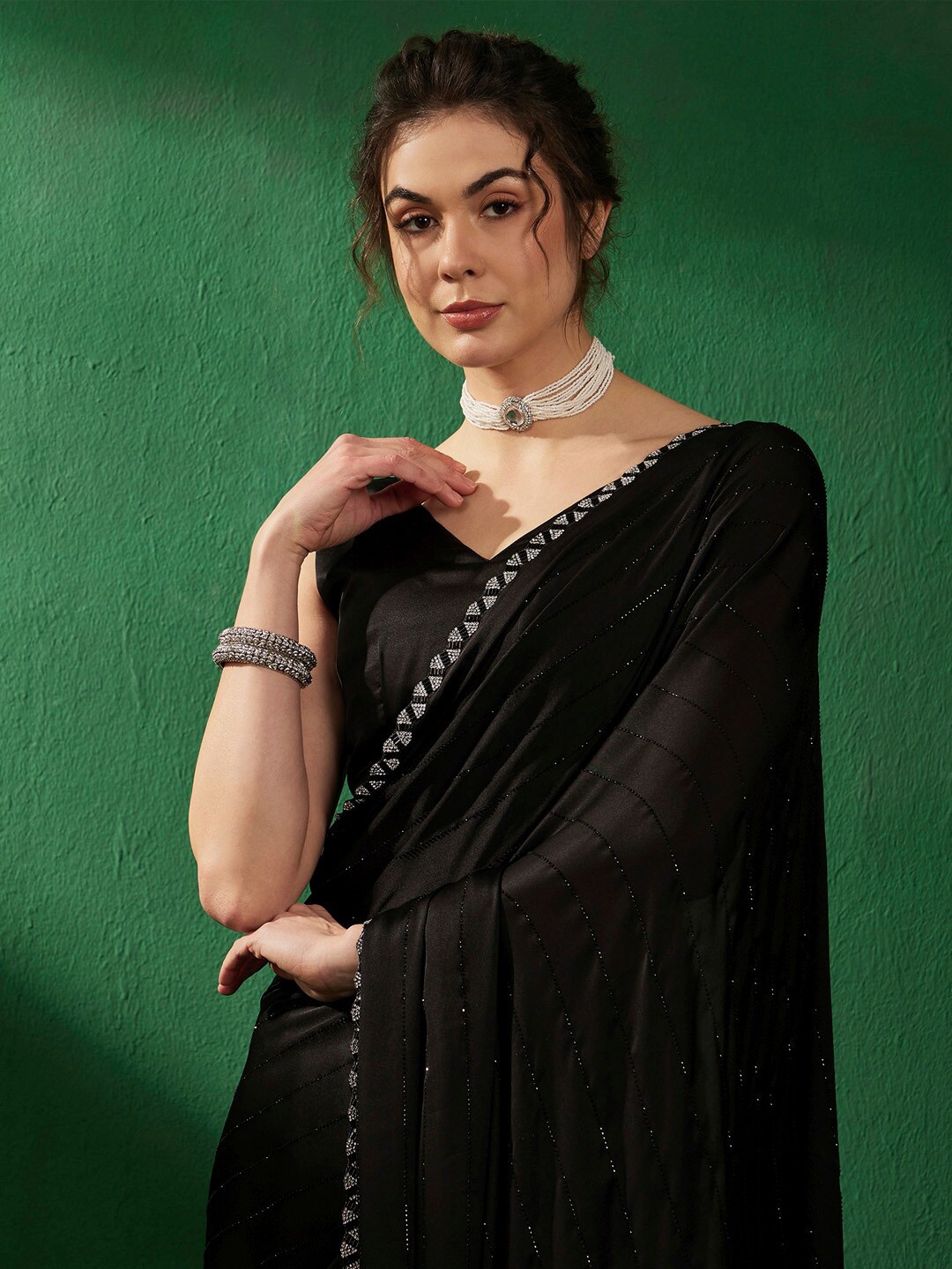 

Sangria Embellished Satin Saree, Black