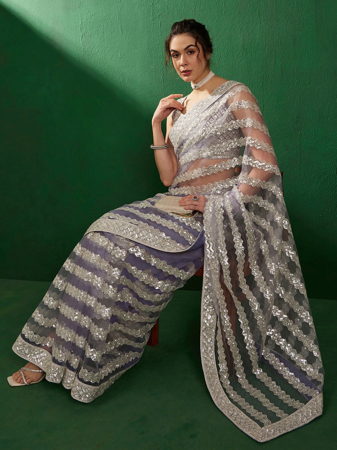 

Sangria Sequinned Embellished Net Saree, Lavender