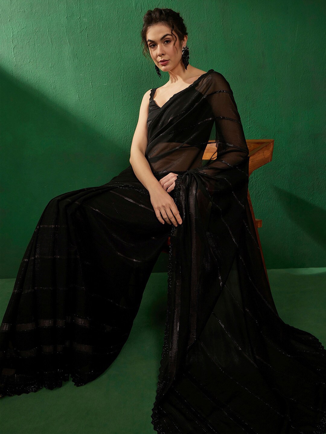 

Sangria Embellished Beads & Stones Pure Georgette Saree, Black