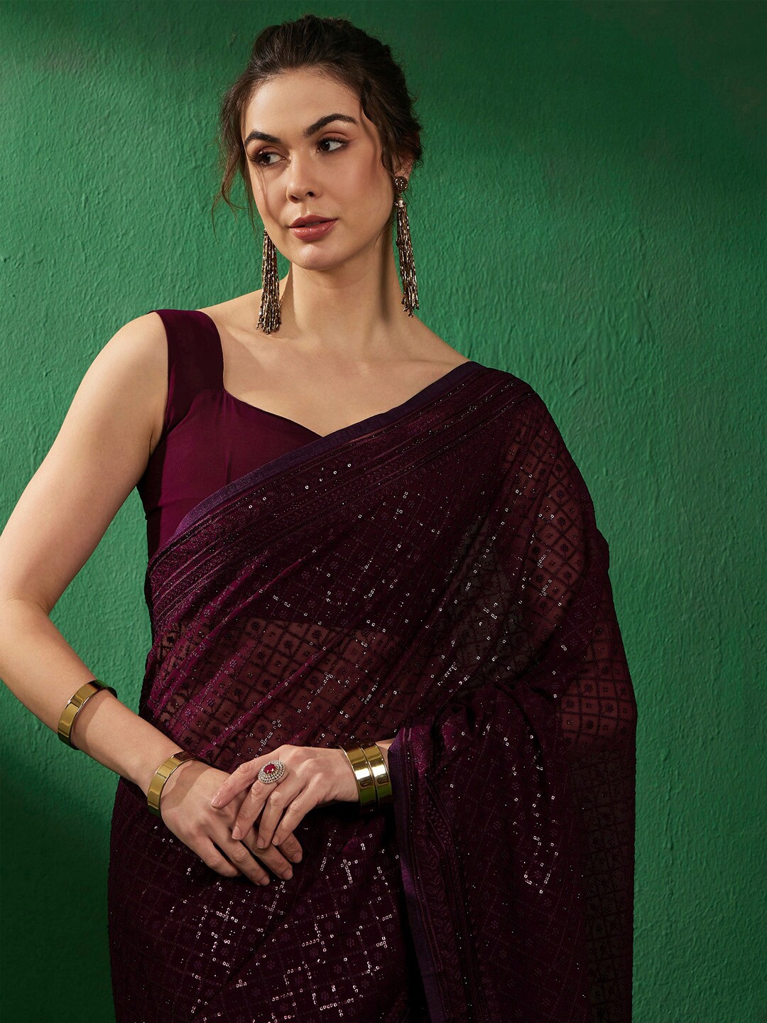 

Sangria Embellished Party Wear Saree, Purple