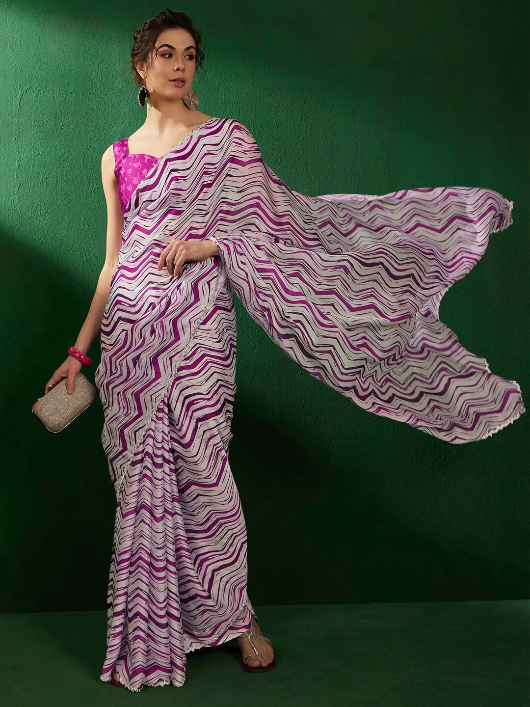 

Sangria Geometric Printed Embellished Satin Saree, White