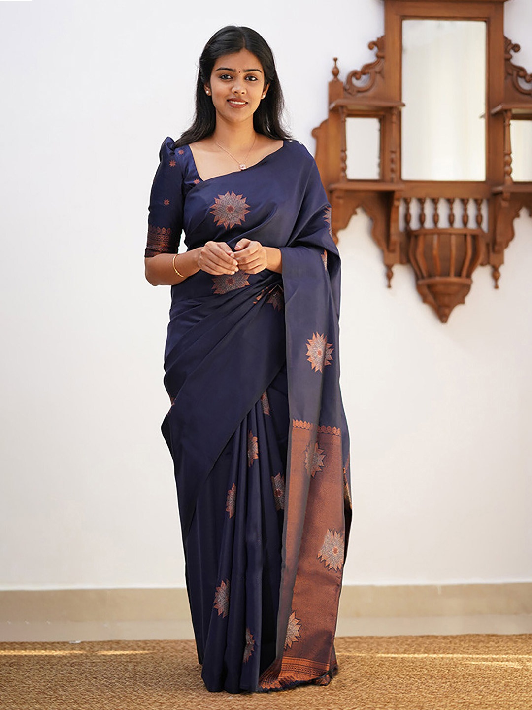 

BerMondsey Geometric Woven Design Zari Banarasi Saree, Blue